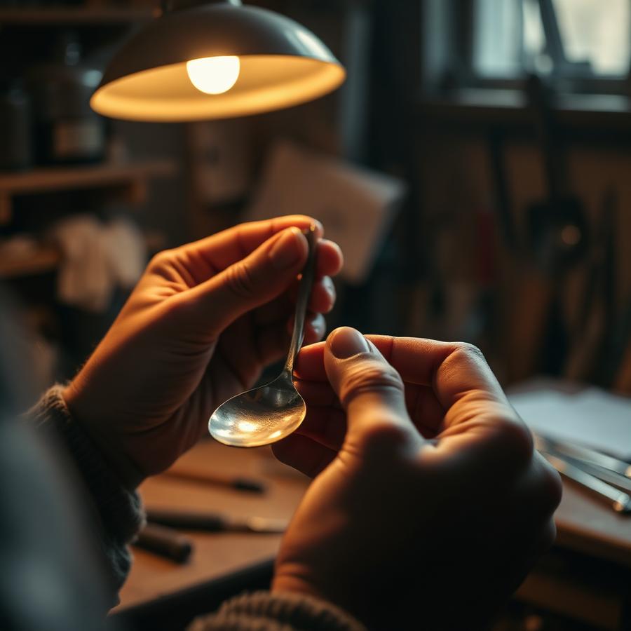 Hands polishing an antique silver piece in a workshop